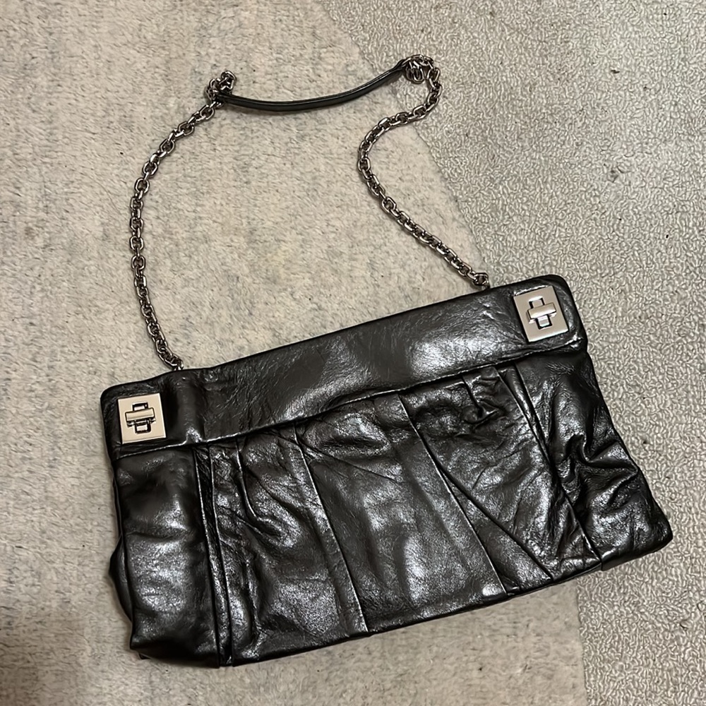 Kooba supple gunmetal leather purse with metallic chain and silver hardware